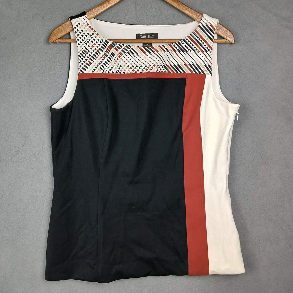 White House Black Market‎ Tank Top Womens 12 Black Red Stretch Preppy Colorblock